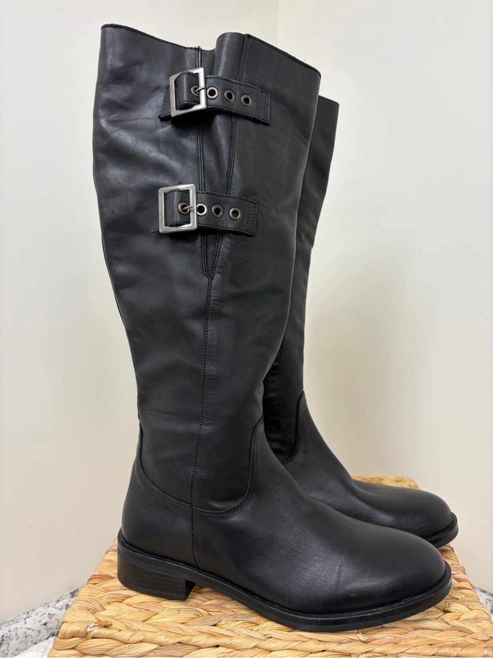 Steve Madden Black Leather Over-The-Knee Buckle Riding Boots